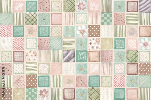 Whimsical arrangement of oversized and undersized squares in pastel hues on a soft, creamy background, with hand-drawn textures and loose lines to evoke a playful, childlike feel.