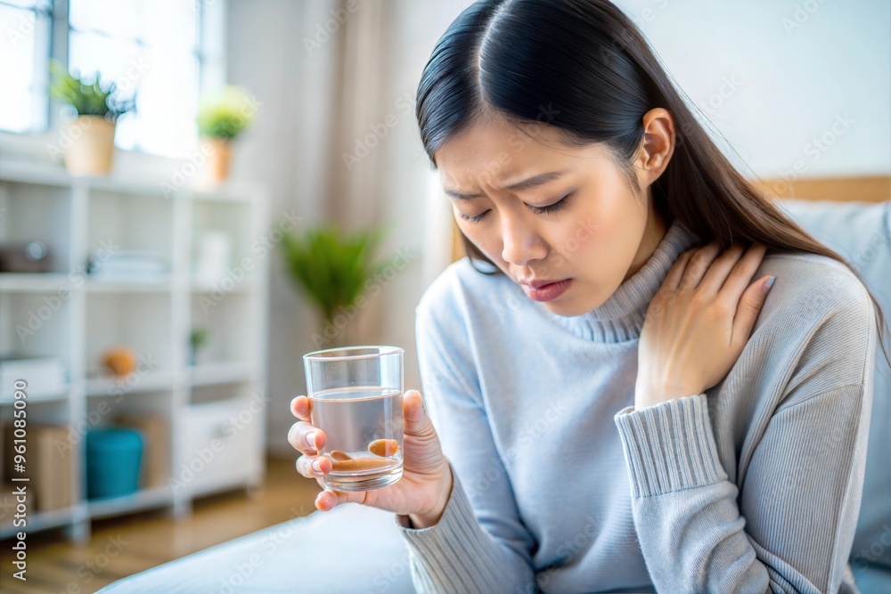 Woman holding glass of water while sitting on couch feeling unwell Woman holding glass of water while sitting on couch feeling unwell
