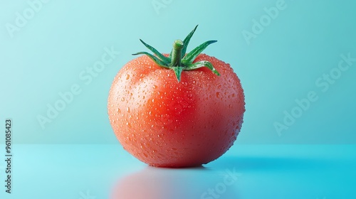 A Single Wet Red Tomato on a Light Blue Background