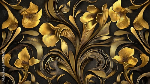 Ornate gold floral pattern on a black background.  Perfect for luxury branding or elegant design.