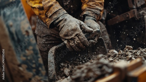 Close-up of a miner hand skillfully operating heavy machinery in a rugged environment, detailed texture and focus