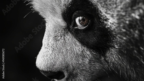 Detailed close-up of a panda's face, zoomed in on one side, its eye making direct contact with the camera photo