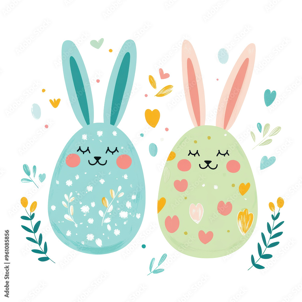 Two egg-shaped bunnies with floral accents, smiling in a spring-themed illustration. Perfect for Easter designs.
Two egg-shaped bunnies with floral accents, smiling in a spring-themed illustration. Perfect for Easter designs.