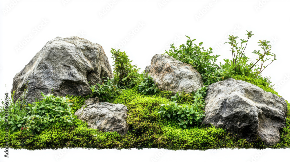 Natural landscape with rock and greenery in the garden isolated on white background for graphic design. Natural landscape with rock and greenery in the garden isolated on white background for graphic design.