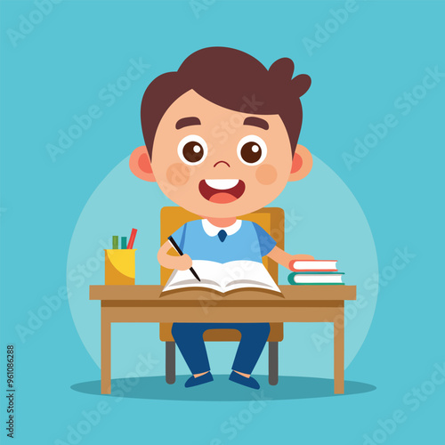 Happy cartoon student sitting at a desk, with an open book and a pencil in hand