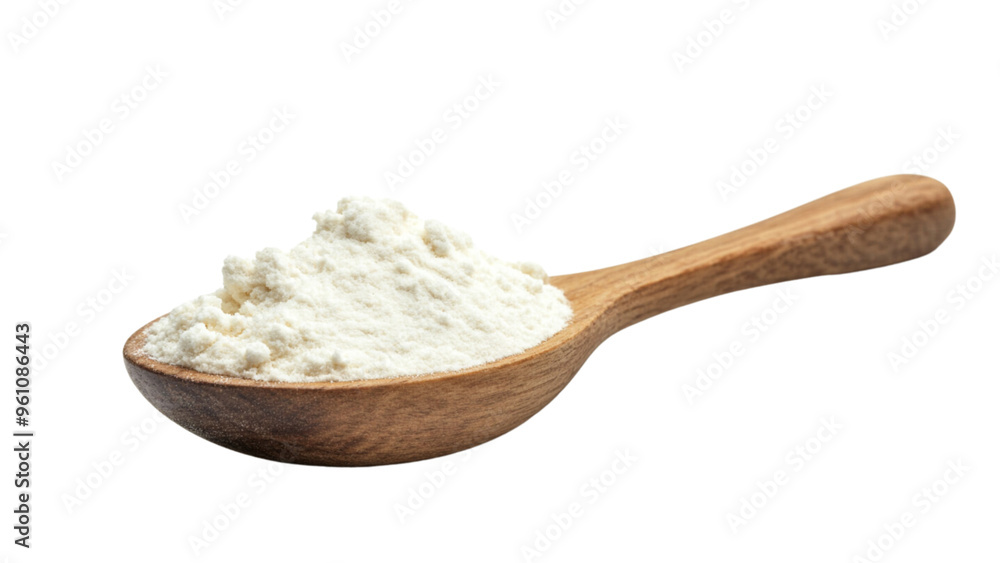 Milk organic powder in wooden spoon isolated on white background, side view. Milk organic powder in wooden spoon isolated on white background, side view.