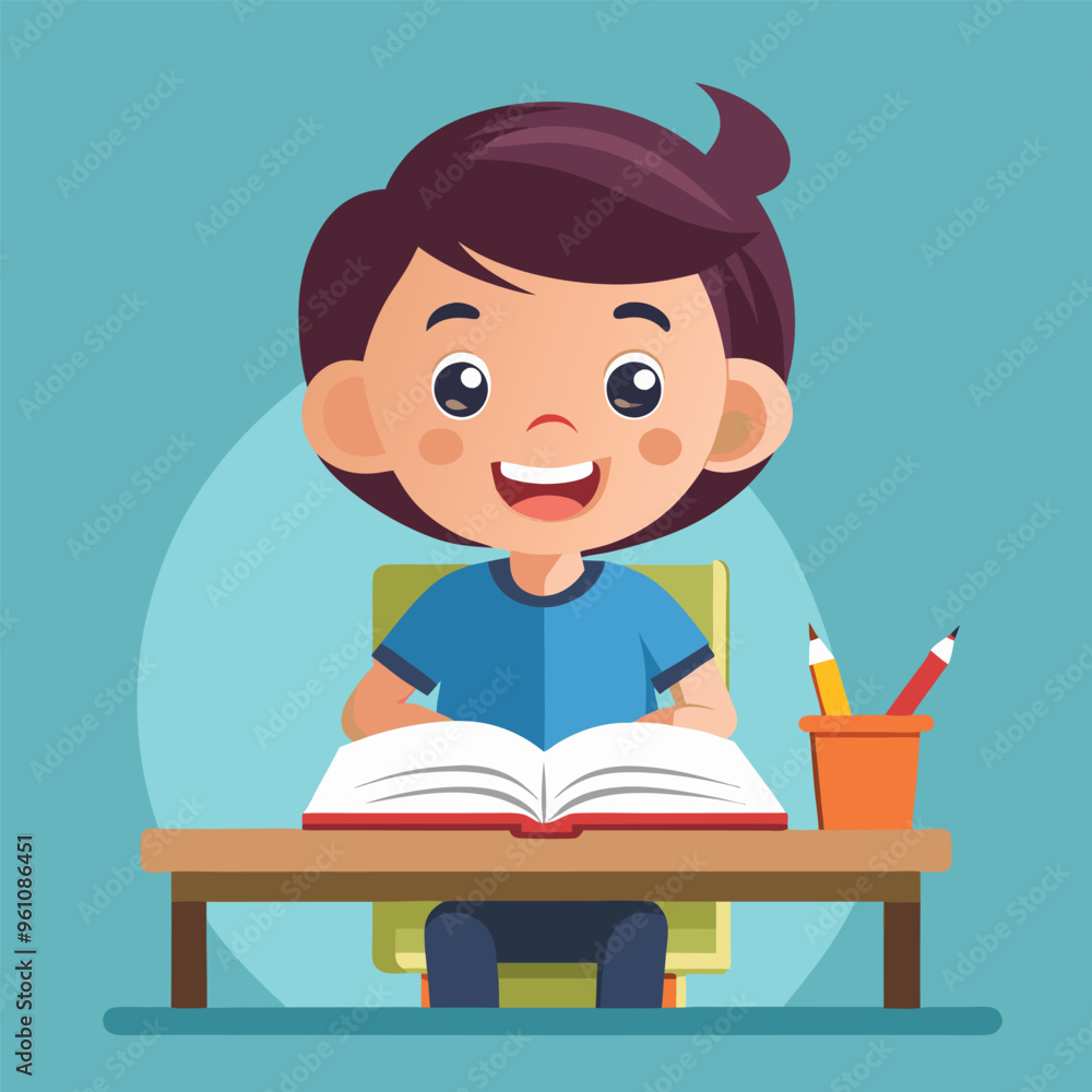 Happy cartoon student sitting at a desk, with an open book and a pencil in hand Artwork Happy cartoon student sitting at a desk, with an open book and a pencil in hand Artwork