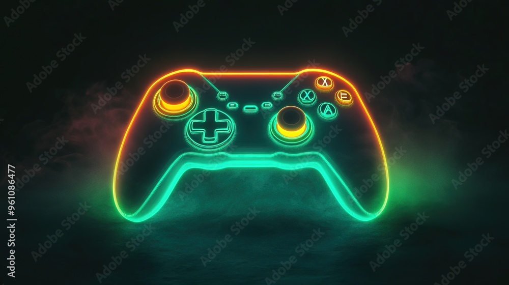 Neon Light Outer Line of a Gaming Controller Emerging from a Dark Background with Fog. Green and Orange Color Scheme Highlighting the Controller’s Shape. Neon Light Outer Line of a Gaming Controller Emerging from a Dark Background with Fog. Green and Orange Color Scheme Highlighting the Controller’s Shape.