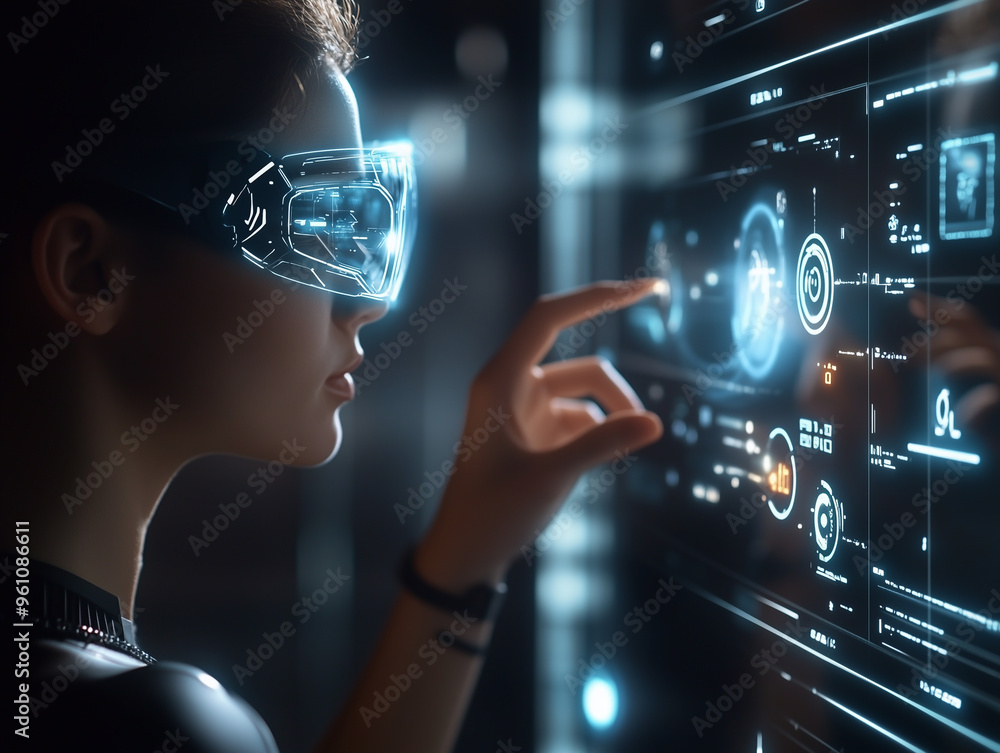 A person interacts with holographic displays and virtual controls in a sleek, high-tech environment, showcasing advanced futuristic technology and data projections.
A person interacts with holographic displays and virtual controls in a sleek, high-tech environment, showcasing advanced futuristic technology and data projections.