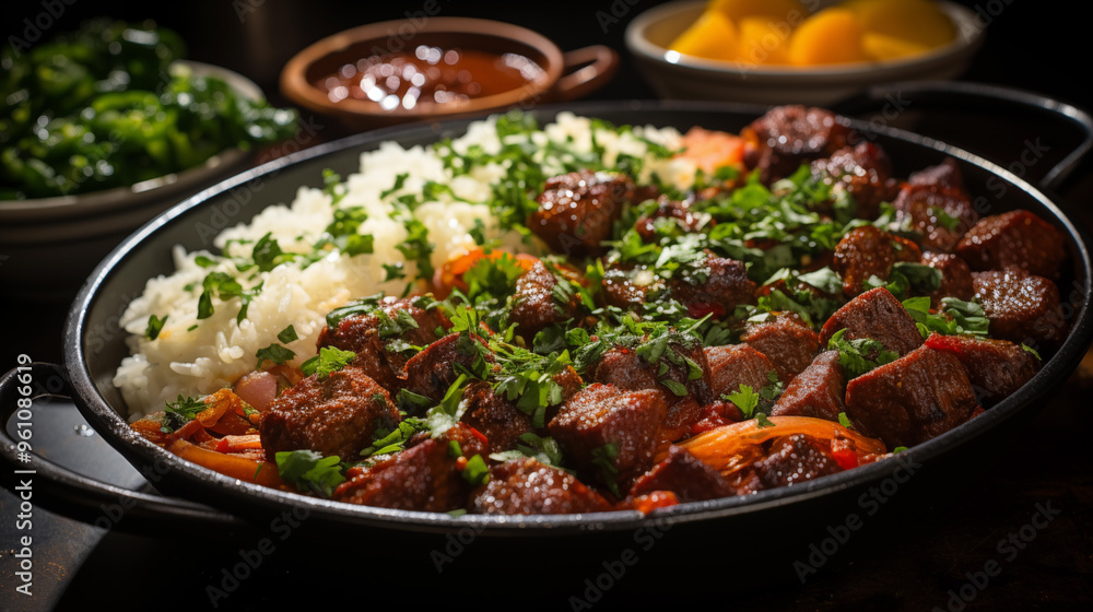 A delicious bowl of beef stew with rice and vegetables. A top-down shot of spicy chicken curry with aromatic spices on fluffy basmati rice. A delicious bowl of beef stew with rice and vegetables. A top-down shot of spicy chicken curry with aromatic spices on fluffy basmati rice.