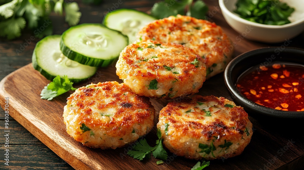 Thai fish cakes served with a side of sweet chili sauce, garnished with fresh cucumber slices and coriander on a wooden cutting board Thai fish cakes served with a side of sweet chili sauce, garnished with fresh cucumber slices and coriander on a wooden cutting board