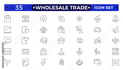 Wholesale icon set with merchandise, retailers, industrial, commercial, goods, bulk, consumer, buying and higher price. Wholesale Trade outline icon collection.