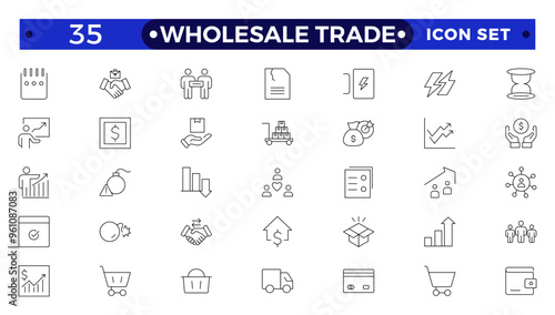 Wholesale icon set with merchandise, retailers, industrial, commercial, goods, bulk, consumer, buying and higher price. Wholesale Trade outline icon collection.