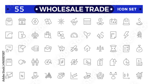 Wholesale icon set with merchandise, retailers, industrial, commercial, goods, bulk, consumer, buying and higher price. Wholesale Trade outline icon collection.
