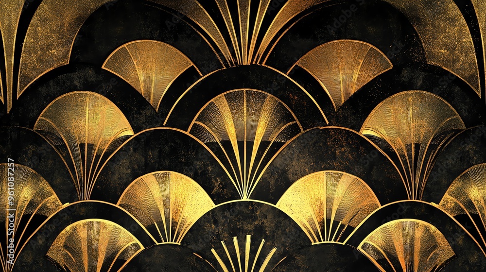 Art Deco pattern with golden fan shapes on black background. Art Deco pattern with golden fan shapes on black background.