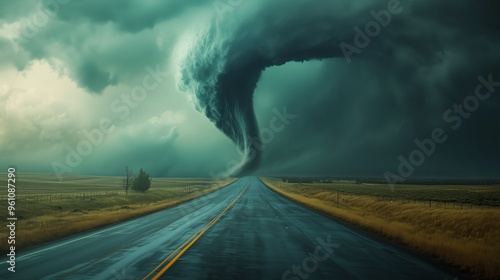 Tornado Crossing Highway Captivating Image of Nature's Raw Power and Danger