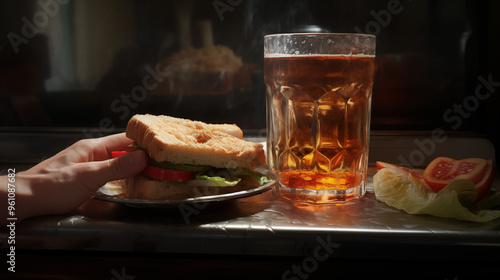 A delicious sandwich sits alongside cola, beer, and salty snacks in a cozy pub. The table offers a refreshing dining experience. photo