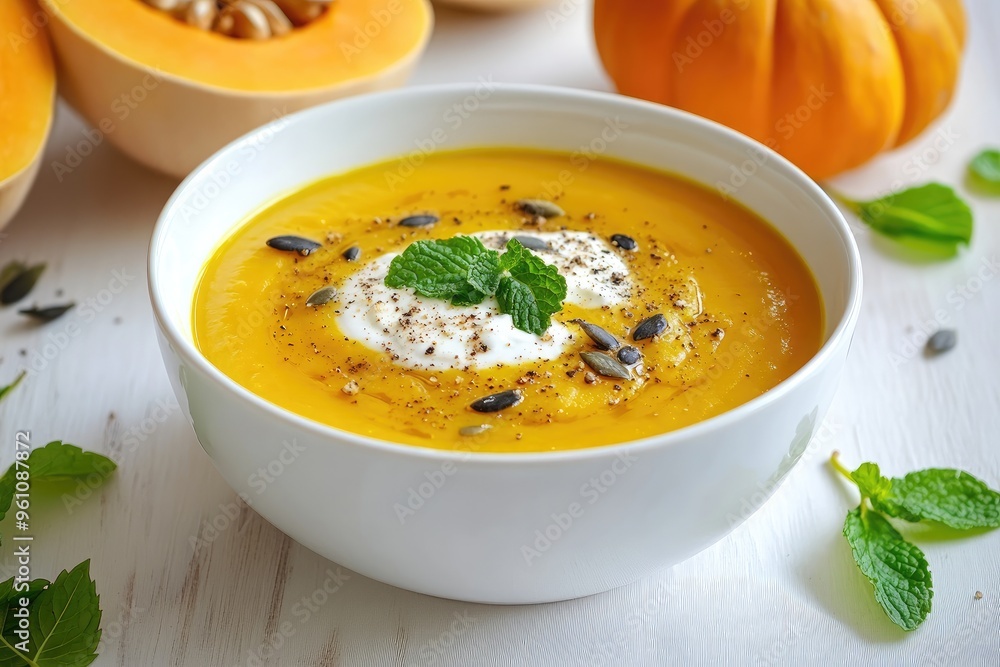 Close-up of creamy pumpkin soup with sour cream in a white bowl, surrounded by pumpkins and mint leaves, light background, fall season cooking and vegetable side dishes Close-up of creamy pumpkin soup with sour cream in a white bowl, surrounded by pumpkins and mint leaves, light background, fall season cooking and vegetable side dishes