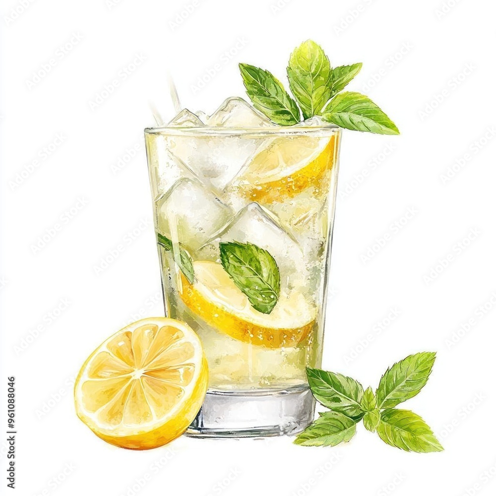 A refreshing glass of lemonade with lemon slices, ice cubes, and mint leaves. A refreshing glass of lemonade with lemon slices, ice cubes, and mint leaves.
