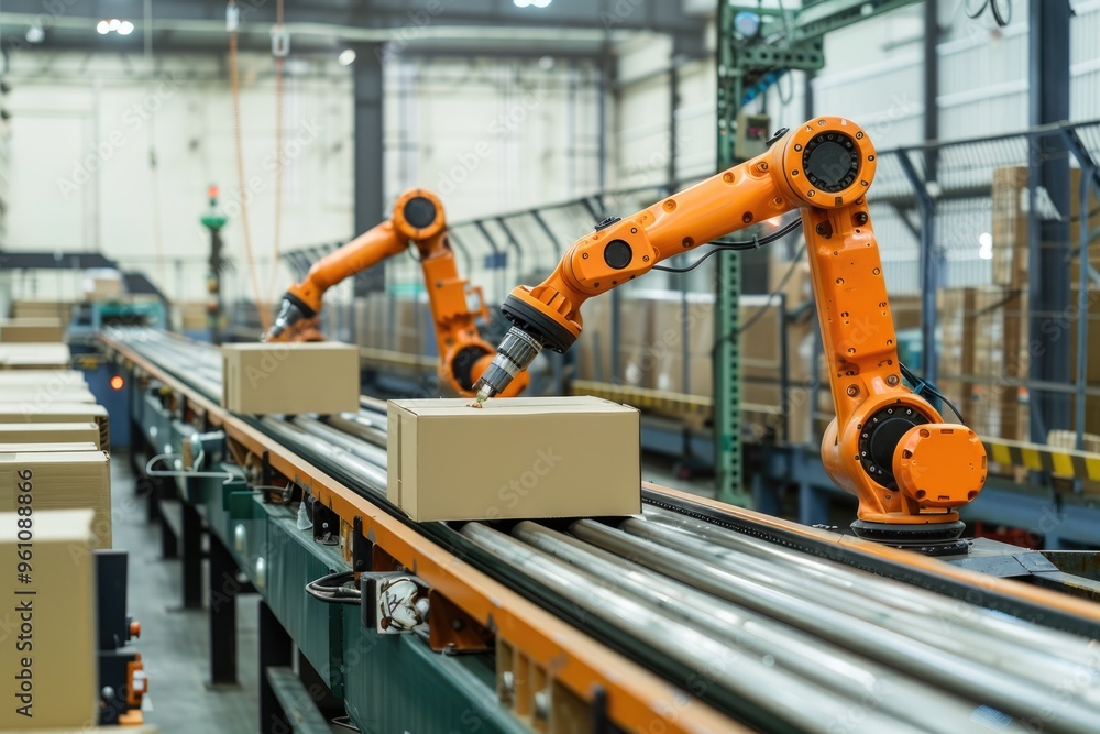 Factory automation with orange robotic arms handling carton boxes on conveyor belt Factory automation with orange robotic arms handling carton boxes on conveyor belt