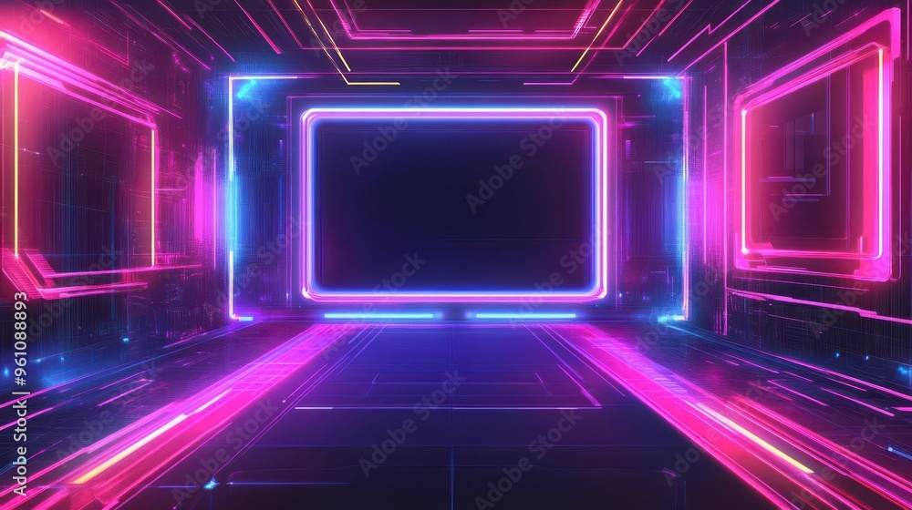 Futuristic neon room with glowing lights and digital elements, perfect for technology and sci-fi backgrounds. Futuristic neon room with glowing lights and digital elements, perfect for technology and sci-fi backgrounds.