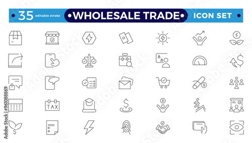 Wholesale icon set with merchandise, retailers, industrial, commercial, goods, bulk, consumer, buying, and higher price. Wholesale Trade Editable stroke outline icon.