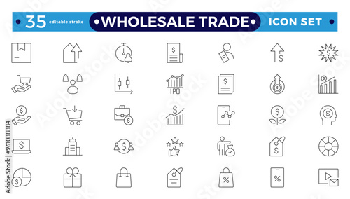 Wholesale icon set with merchandise, retailers, industrial, commercial, goods, bulk, consumer, buying, and higher price. Wholesale Trade Editable stroke outline icon.