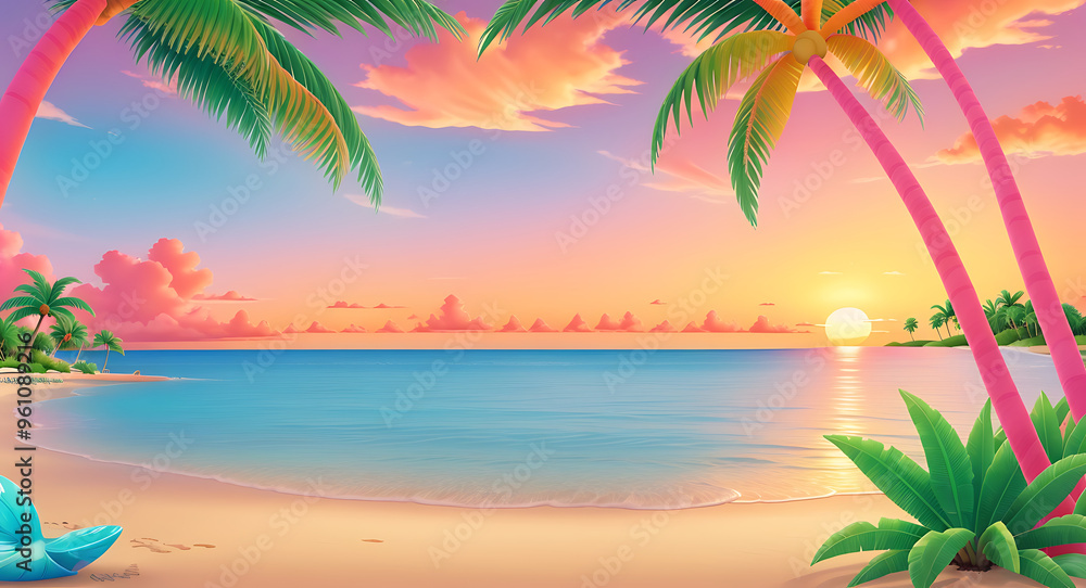 Obraz premium A tranquil sunset on a tropical beach with calm waves, palm trees swaying, and vibrant hues of orange and pink reflecting on the serene water. Perfect for relaxation, vacation, and peaceful nature set