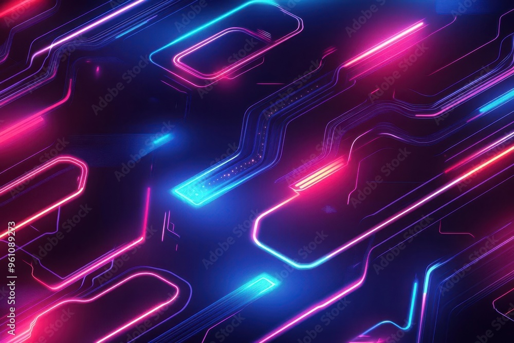 Vibrant neon abstract background with glowing lines and shapes, perfect for technology and digital themes.