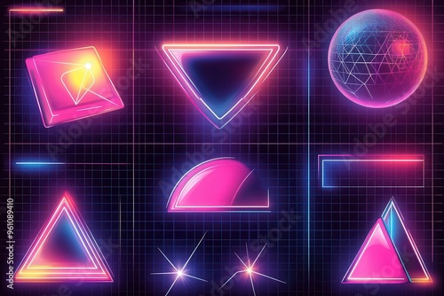 Vibrant retro shapes in neon colors, featuring geometric designs with glowing effects on a dark grid background.