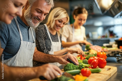 Middle-aged friends learning to chop vegetables together in a hands-on cooking class, smiling and focused photo