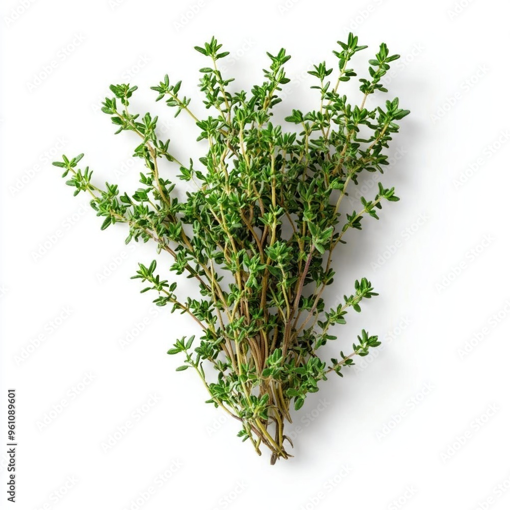 A bunch of fresh thyme sprigs with green leaves isolated on white background. A bunch of fresh thyme sprigs with green leaves isolated on white background.