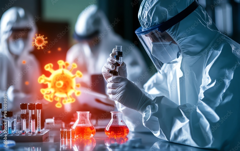 Team of scientists wearing protective gear conducting experiments with biohazardous materials
