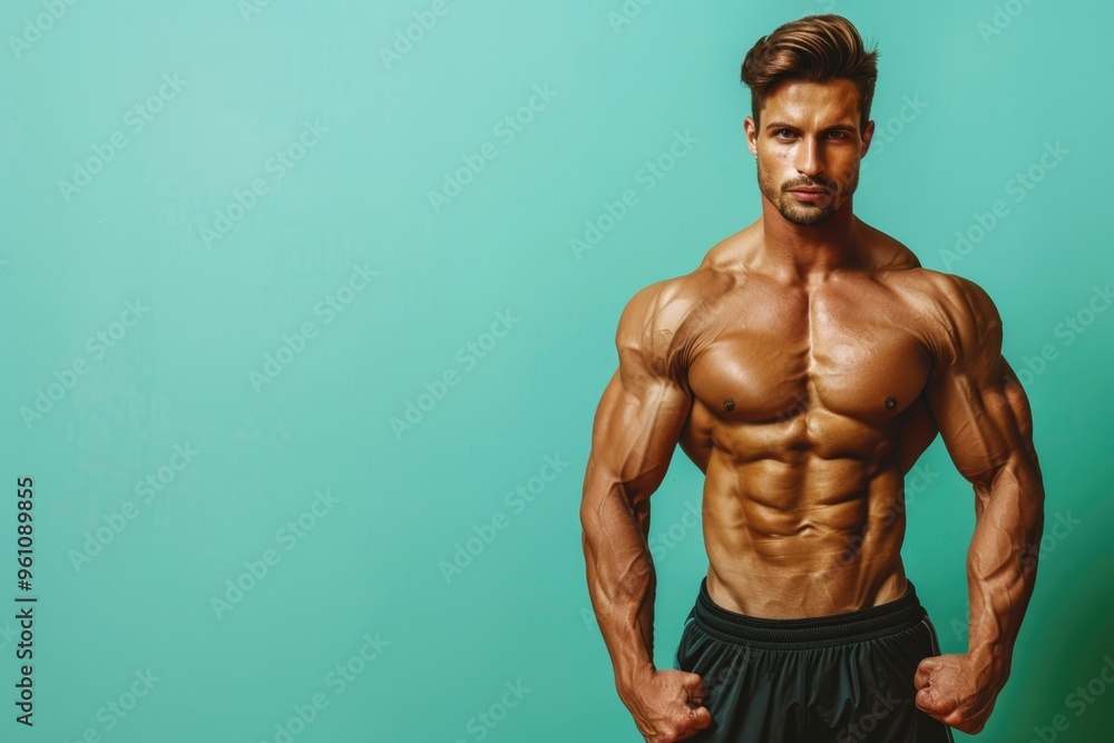 Fit man with a defined, muscular body and a focused mind, solid color background, perfect for promoting gym services that emphasize holistic fitness Fit man with a defined, muscular body and a focused mind, solid color background, perfect for promoting gym services that emphasize holistic fitness