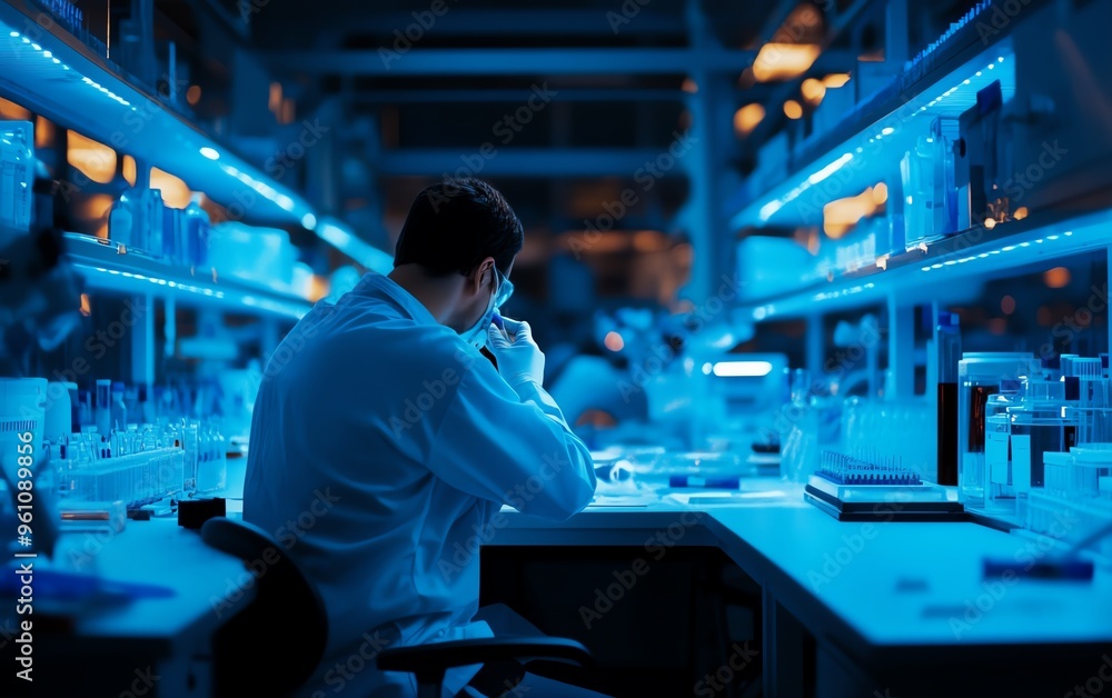 Biotechnology lab illuminated by blue light, researchers working on DNA modifications Biotechnology lab illuminated by blue light, researchers working on DNA modifications