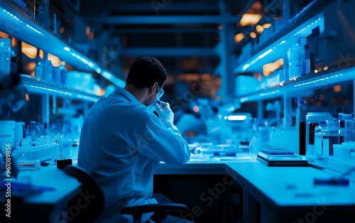 Biotechnology lab illuminated by blue light, researchers working on DNA modifications