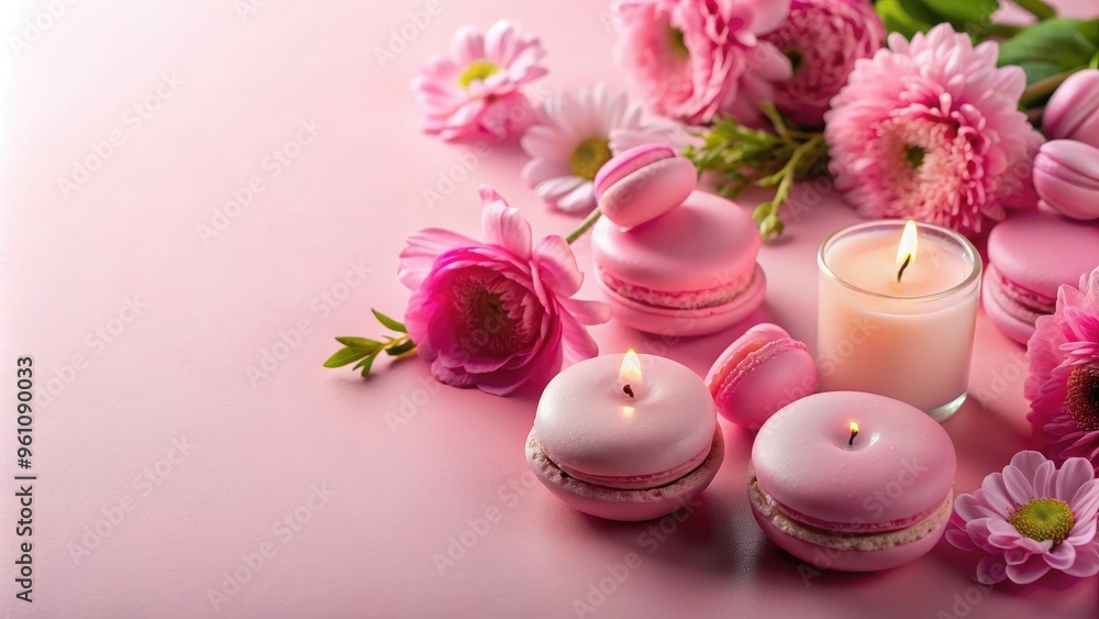 Pink flowers, candles, and a macaron on a pink background , pink, flowers, candles, macaron, dessert, feminine, pastel Pink flowers, candles, and a macaron on a pink background , pink, flowers, candles, macaron, dessert, feminine, pastel