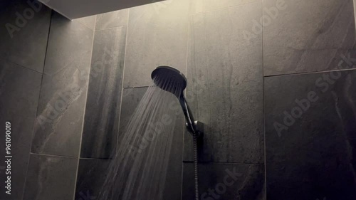 Water flowing from modern shower in the bathroom, focus on water sprays out and flowing slowly, falling drops, turning on and off shower head in bathroom