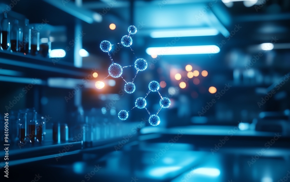 Hightech laboratory with holographic molecular models floating in midair, futuristic biotech facility Hightech laboratory with holographic molecular models floating in midair, futuristic biotech facility