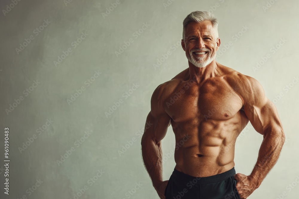 A strong senior man with a toned physique, smiling and standing proudly against a plain background, highlighting his muscular build A strong senior man with a toned physique, smiling and standing proudly against a plain background, highlighting his muscular build
