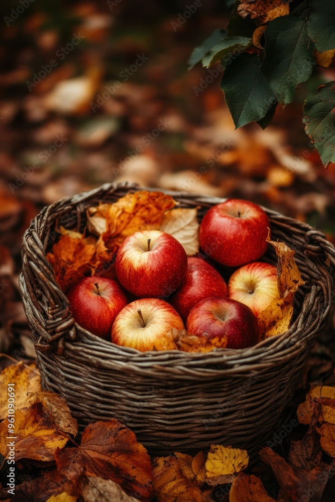 A rustic wicker basket filled with red apples is nestled among fallen autumn leaves, epitomizing the rich essence and bounty of the fall harvest. A rustic wicker basket filled with red apples is nestled among fallen autumn leaves, epitomizing the rich essence and bounty of the fall harvest.