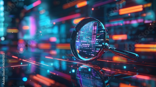 Magnifying Glass Revealing Digital Data and Code in a Futuristic Cityscape