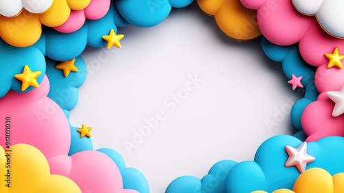 Colorful 3D clouds with stars framing an empty space, perfect for creative projects and whimsical designs.