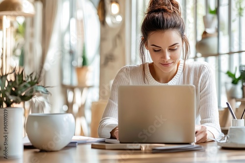 A bright  high-end lifestyle photo of a young woman marketer  focused on her laptop in an elegant office  the scene exuding a light  happy atmosphere