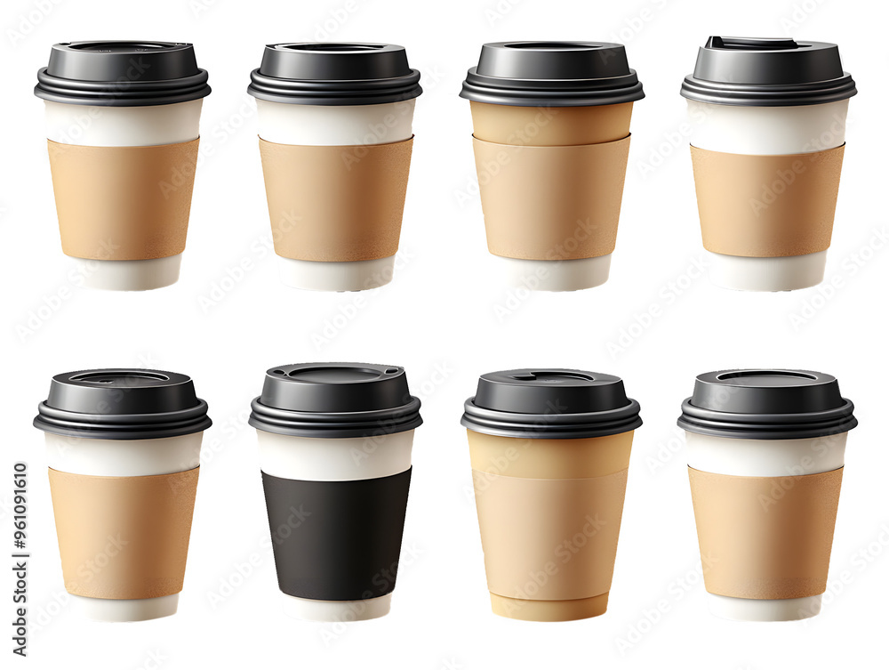 A set of blank coffee cups with black lids and white sleeves, perfect for branding mockups, cafe promotions, or beverage packaging design. A set of blank coffee cups with black lids and white sleeves, perfect for branding mockups, cafe promotions, or beverage packaging design.