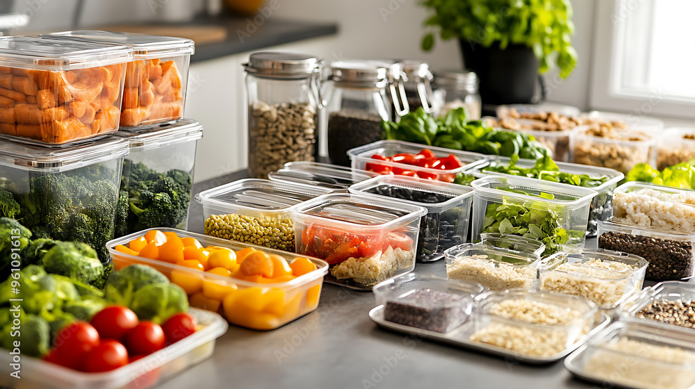 A meal prep scene with containers of healthy food laid out on a kitchen counter, showcasing an organized approach to healthy eating A meal prep scene with containers of healthy food laid out on a kitchen counter, showcasing an organized approach to healthy eating
