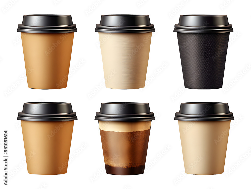 A set of blank coffee cups with black lids and white sleeves, perfect for branding mockups, cafe promotions, or beverage packaging design. A set of blank coffee cups with black lids and white sleeves, perfect for branding mockups, cafe promotions, or beverage packaging design.