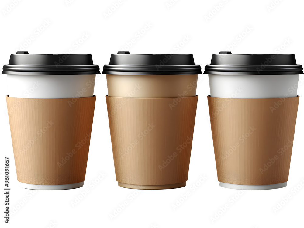 A set of blank coffee cups with black lids and white sleeves, perfect for branding mockups, cafe promotions, or beverage packaging design. A set of blank coffee cups with black lids and white sleeves, perfect for branding mockups, cafe promotions, or beverage packaging design.