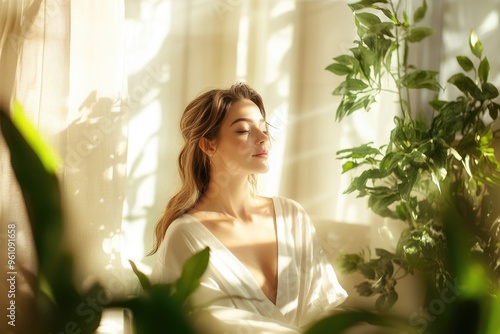 Wallpaper Mural High-resolution brightly lit photorealistic candid photograph of a beautiful presenter woman in a spa, savoring a moment of stillness in a peaceful, light-filled room with greenery. The photograph is Torontodigital.ca