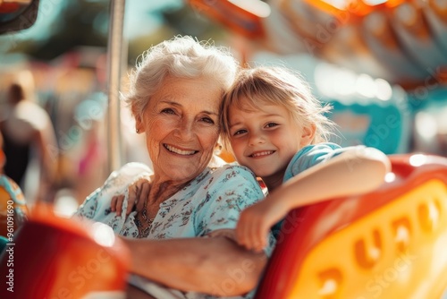 Wallpaper Mural High-resolution brightly lit photorealistic candid photograph of a grandmother and grandchild spending a sunny afternoon at a lively carnival, enjoying rides and playing games. The photograph is Torontodigital.ca